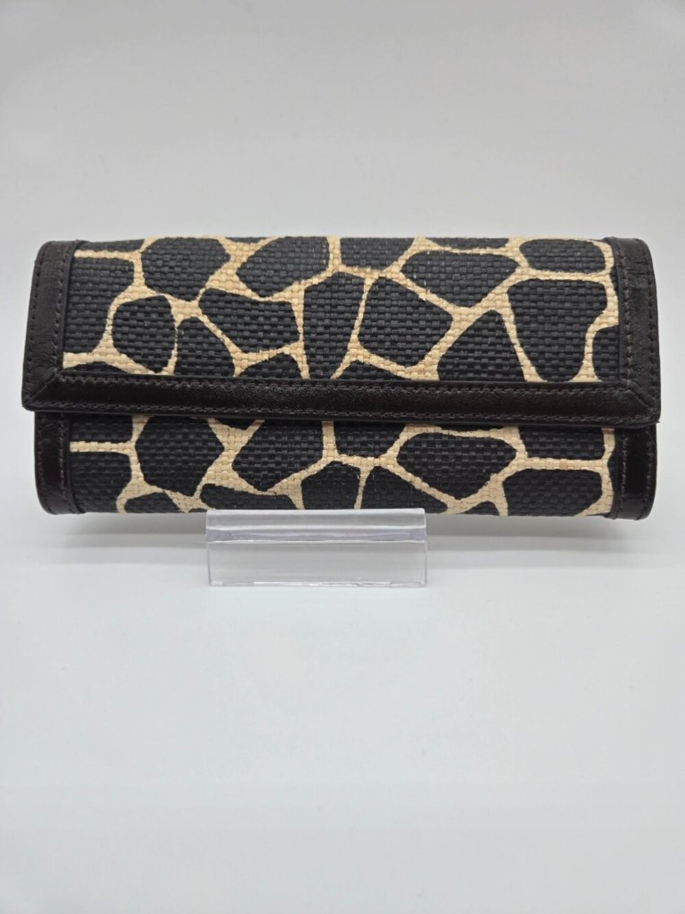 Jeun Bang Giraffe Print Accordion Wallet Raffia Leather Flap Clutch Pre-Loved